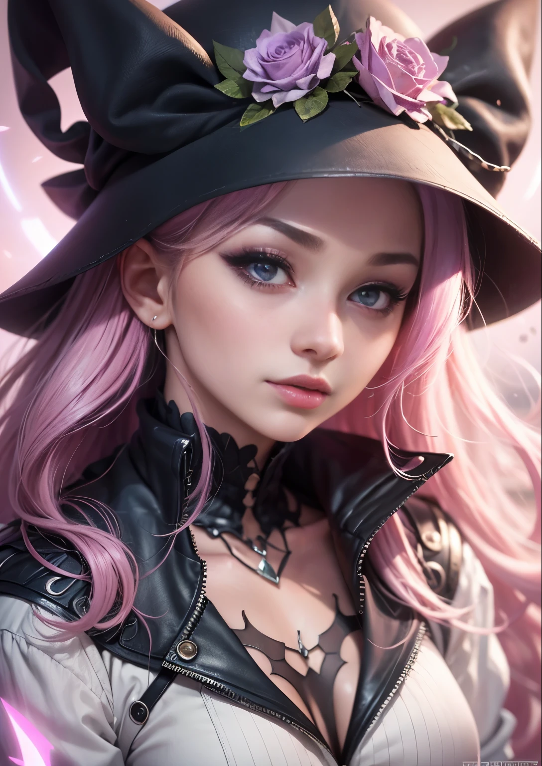 anime girl with pink hair and black hat with purple eyes, character close up, character close-up, rendered in sfm, close up character, anime styled 3d, 4 k octan render, persona 5 art style wlop, render of a cute 3d anime girl, character art closeup, close up of a young anime girl, shalltear from overlord