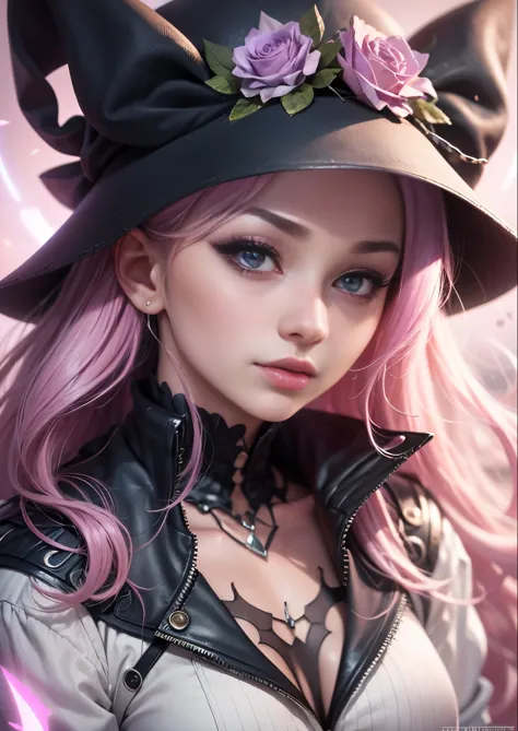 anime girl with pink hair and black hat with purple eyes, character close up, character close-up, rendered in sfm, close up char...