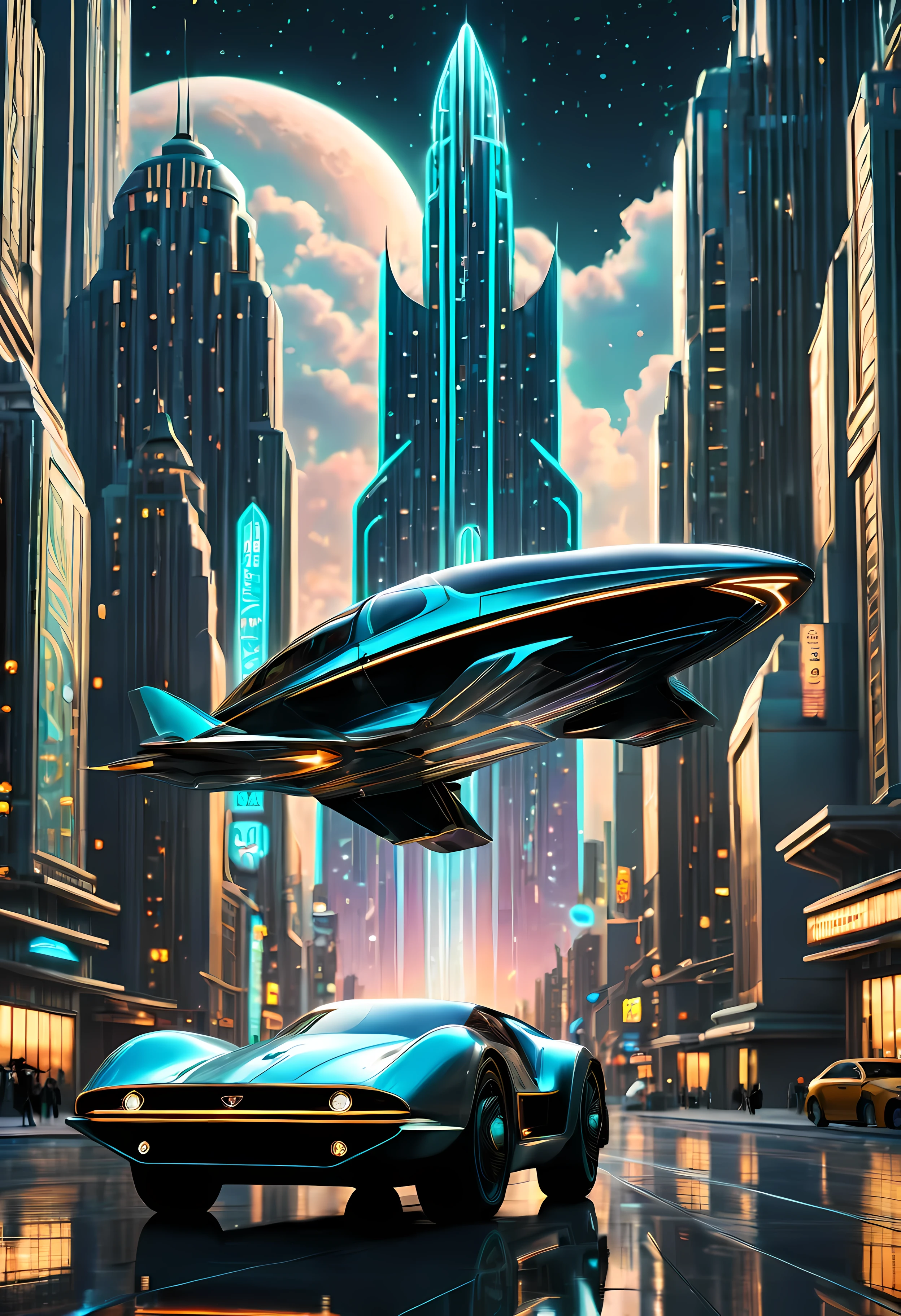 art deco style flying car, art deco style science fiction, art deco style future skyscrapers

(best quality,4k,8k,highres,masterpiece:1.2),ultra-detailed,(realistic,photorealistic,photo-realistic:1.37),HDR,UHD,studio lighting,ultra-fine painting,sharp focus,physically-based rendering,extreme detail description,professional,vivid colors,bokeh,art deco style,art deco architecture,streamlined design,sleek lines,geometric shapes,chrome accents,luxurious interior,retro-futuristic,glowing neon lights,urban environment,futuristic cityscape,skyscrapers reaching the clouds,flying car hovering in the air,graceful movement,advanced propulsion system,lustrous metallic body,polished surfaces,sci-fi inspired,high-tech gadgets,integrated holographic displays,innovative energy source,propeller-less design,elegant wings spreading gracefully,sparkling starry night background,reflections on the car's surface,exquisite attention to detail,captivating sense of motion,aesthetic harmony,endless possibilities of the future,awe-inspiring creation.
