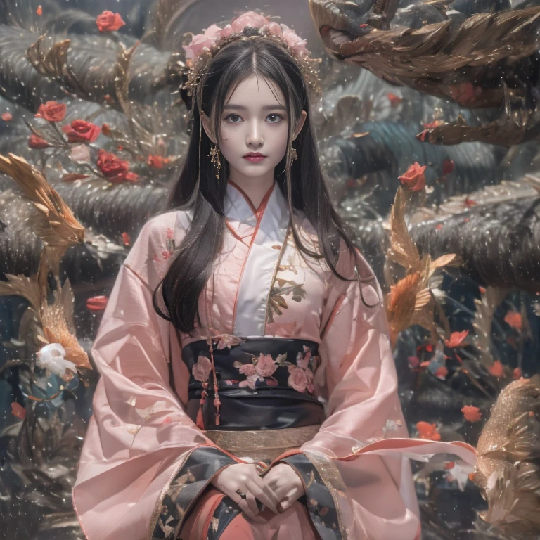 8K,vLong flowing black hair, ponds, zydink， a color， Aozhou people （Concubine girl），（Silk scarf）， Combat posture， looking at the ground, Floating hair， Carp pattern headdress， Chinese long-sleeved clothing， （abstract ink splash：1.2）， Pink petal background，Pink and white roses fly（realisticlying：1.4），Black color hair，Fallen roses flutter，The background is pure， A high resolution， the detail， RAW photography， Sharp Re， Nikon D850 Film Stock Photo by Jefferies Lee 4 Kodak Portra 400 Camera F1.6 shots, Rich colors, ultra-realistic vivid textures, Dramatic lighting, Unreal Engine Art Station Trend, Long flowing black hair