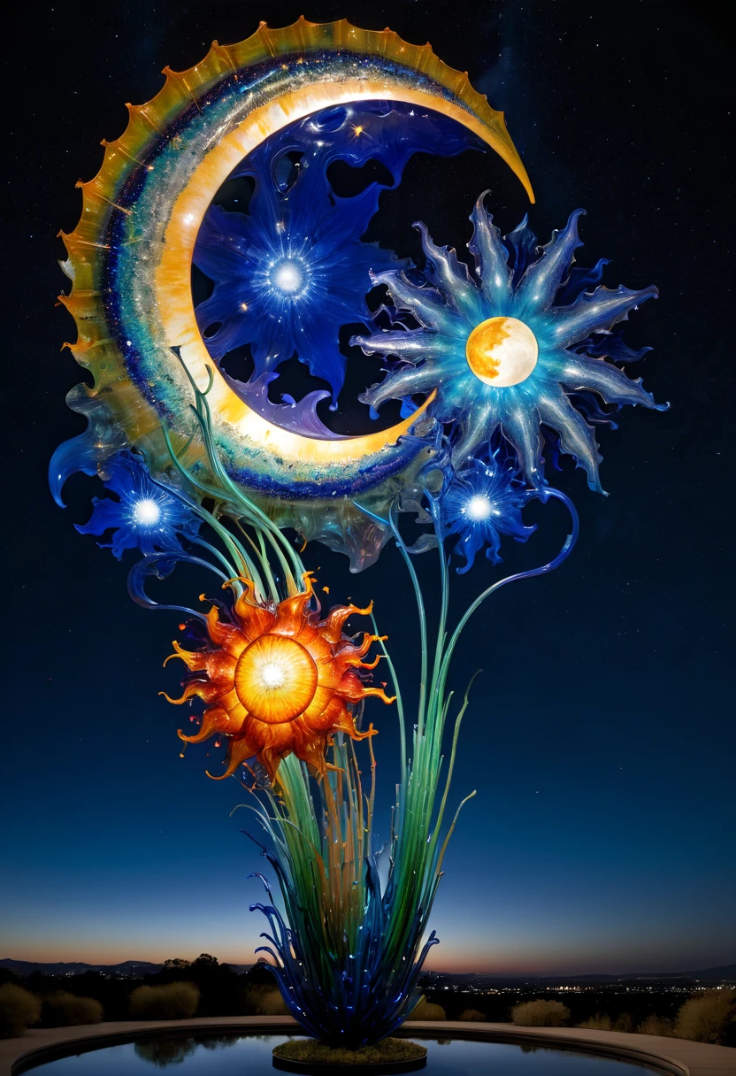 Art Deco design, starry sky, moon, by Dale Chihuly, best quality, masterpiece, 8k