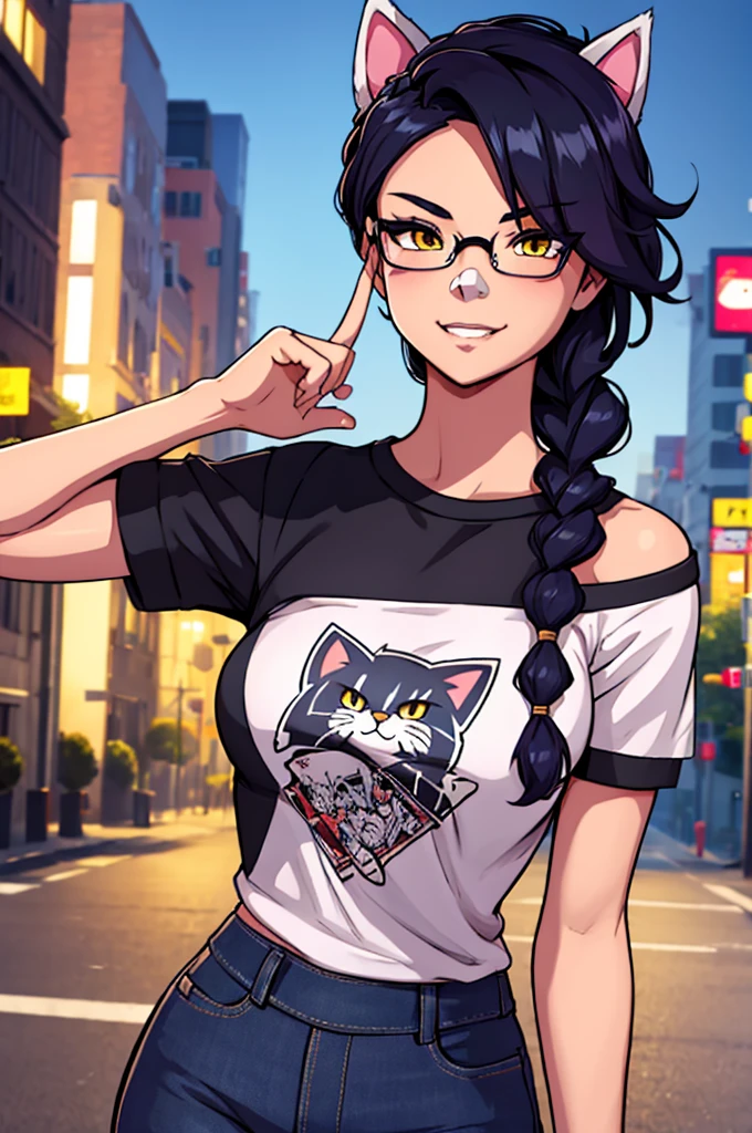 Erisa, 1girl, solo, long hair, looking at viewer, black hair, bandaid on face, yellow eyes, animal ears, smile, bandaid on nose, braid, cat ears, bandaid, bangs, breasts, fake animal ears, simple background, fang, bare shoulders, scar, teeth, shirt, tight shirt, bare shoulders, white shirt, short sleeves, closed mouth, t-shirt, hair over one eye, night city view, portrait, hair over shoulder, shorts, skin tight shirt, glasses, seductive, realistic, best quality, masterpiece, ultra detail, ultra high res, extreme detail, 8k