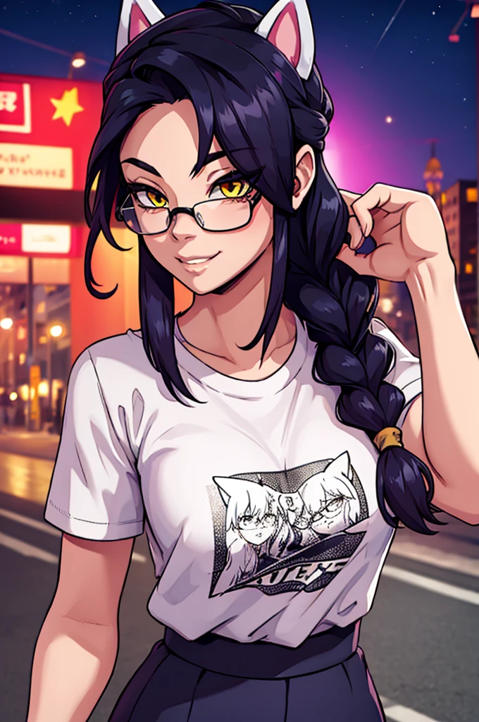 Erisa, 1girl, solo, long hair, looking at viewer, black hair, bandaid on face, yellow eyes, animal ears, smile, bandaid on nose, braid, cat ears, bandaid, bangs, breasts, fake animal ears, simple background, fang, bare shoulders, scar, teeth, shirt, tight shirt, bare shoulders, white shirt, short sleeves, closed mouth, t-shirt, hair over one eye, night city view, portrait, hair over shoulder, shorts, skin tight shirt, glasses, seductive, realistic, best quality, masterpiece, ultra detail, ultra high res, extreme detail, 8k