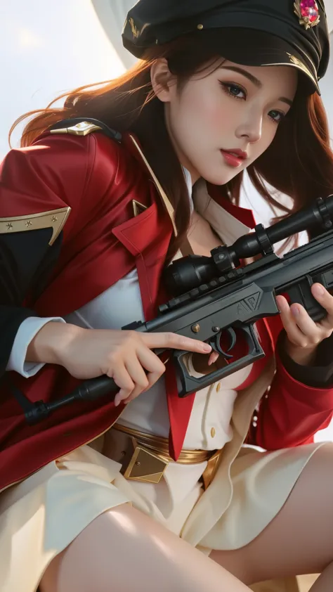 a close up of a woman in a red coat holding a rifle, miss fortune league of legends, miss fortune, extremely detailed artgerm, a...