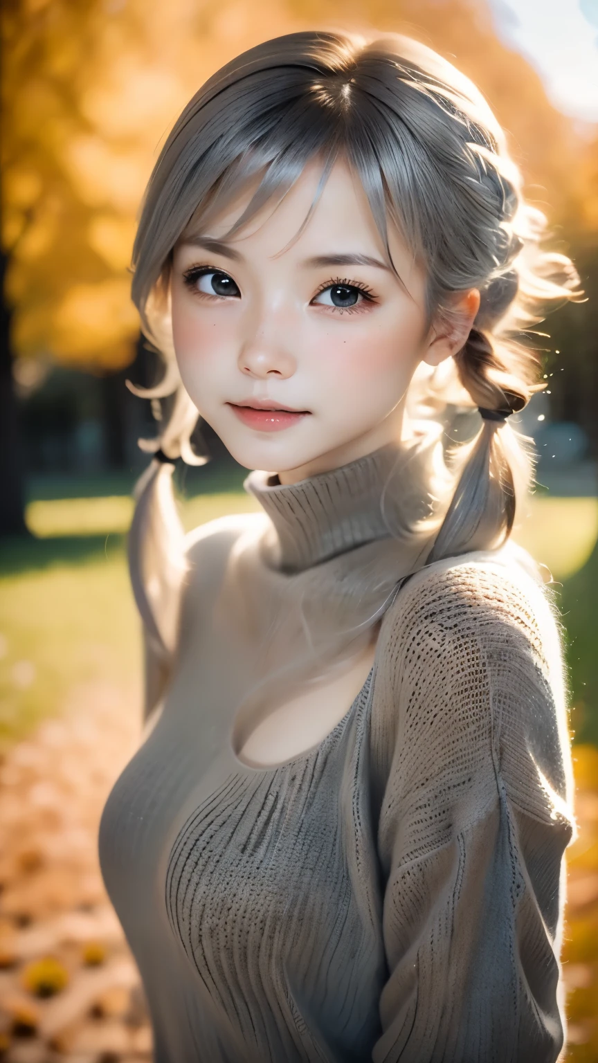 close, portrait, head shot, model shooting style, looking at the viewer,１４talent、 direct eye contact, white himself, 1 girl, smile, (ash gray hair), shortcut、Twintails with short hair、Knitted Black Turtleneck,small breasts,freckles, autumn park, written boundary depth, blurred background, Skin details, fine eyes, Warm volumetric lighting, masterpiece, highest quality ,ultra high resolution、８ｋ    