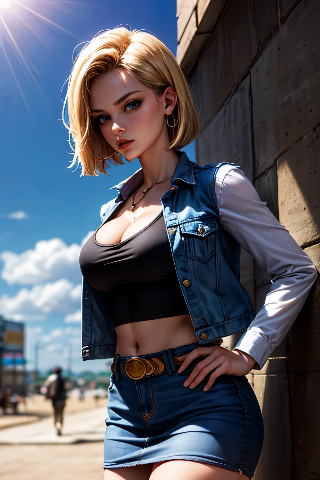 android 18, android 18, blonde hair, blue eyes, eyelash, hoop earrings, short hair, earrings, break belt, black legwear, black shirt, breast pocket, cleavage, clavicle, denim, denim skirt, high-waist skirt, jewelry, long sleeve, pocket, shirt, shirt tucked in, skirt, striped, striped sleeves, waistcoat,, break outdoors, city, null, cloud, sun, break looking at viewer, (cowboy shot:1.5), break (masterpiece:1.2), highest quality, High resolution, unity 8k wallpaper, (figure:0.8), (beautiful and fine eyes:1.6), highly detailed face, perfect lighting, Very detailed CG, (perfect hands, perfect anatomy)