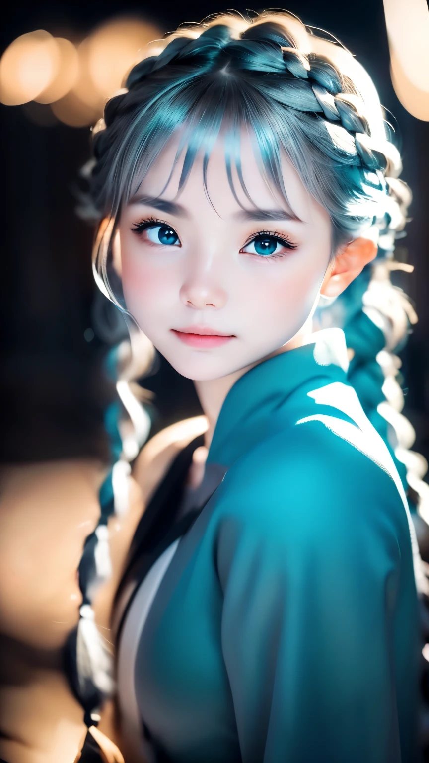 1 girl, white skin、Caucasoid、very cute face、small nose、plump lips、Braids bundled into one、french braid、An ennui look、night, dark, ((ash gray hair)),(Detailed gray eyes)、natural color tunic,National costume, Upper body,Perfect good looks, ((blurred background))、((black background)),((shining turquoise light))、,cinematic lighting,professional photographer,random pose、50ｍｍlens
