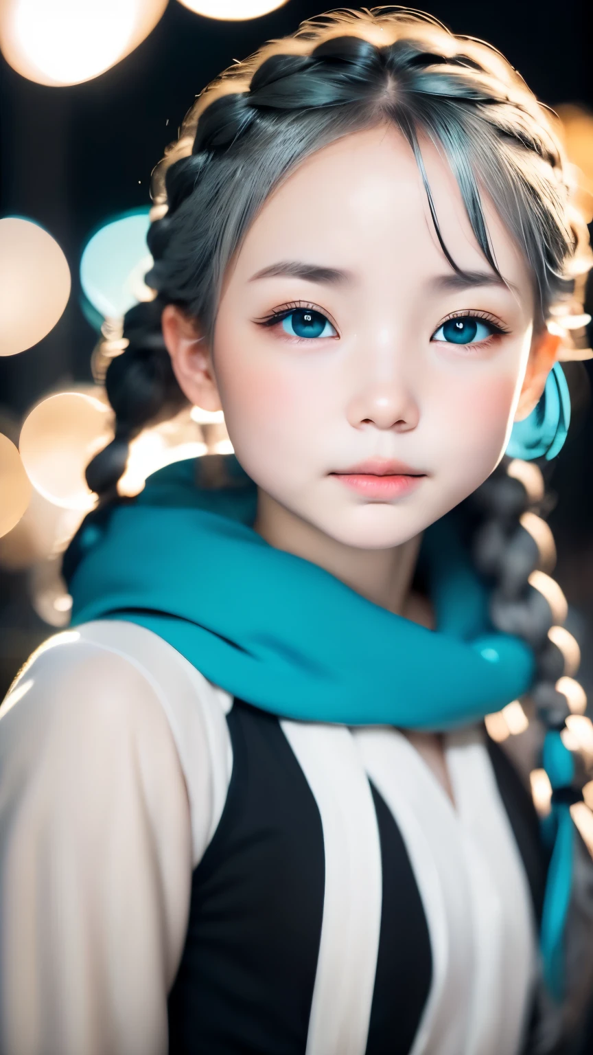 1 girl, white skin、Caucasoid、very cute face、small nose、plump lips、Braids bundled into one、french braid、An ennui look、night, dark, ((ash gray hair)),(Detailed gray eyes)、natural color tunic,National costume, Upper body,Perfect good looks, ((blurred background))、((black background)),((shining turquoise light))、,cinematic lighting,professional photographer,random pose、50ｍｍlens