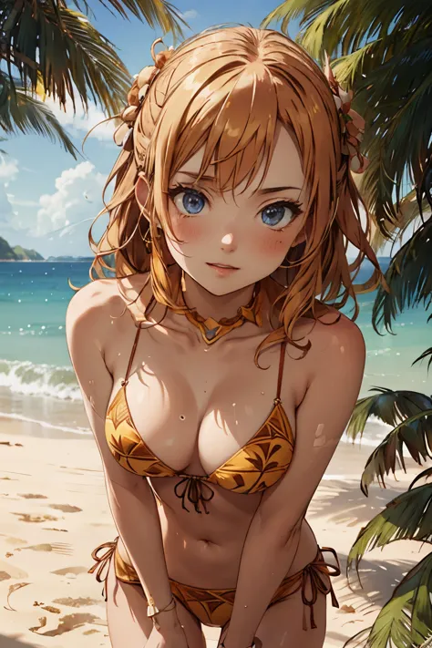 Beautiful Alluring summer taned young island woman, Barely Clothed, patterned mikro bikini, taned skin, athletic body, orange blonde hair, hair ornaments, flowers, at a tropical beach, Beautiful D&D Character Portrait, tropical Fantasy,  tropical theme, De...