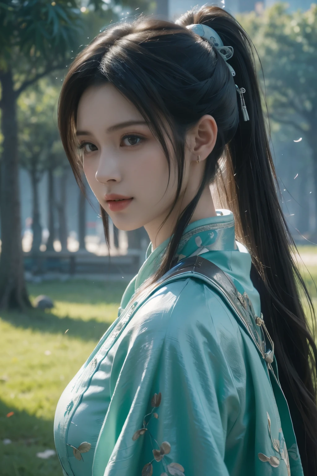 Game art，The best picture quality，Highest resolution，8K，(A bust photograph)，(Portrait from bust:1.5)，(Head close-up)，(Rule of thirds)，Unreal Engine 5 rendering works， (The Girl of the Future)，(Female Warrior)， 
20-year-old girl，(The warrior in ancient China)，(Short ponytail hairstyle)，An eye rich in detail，(Big breasts)，Elegant and noble，indifferent，(Smile)，
(The costume of Chinese swordsman elements，Costumes of ancient Chinese characters，A random pattern of clothing，Ribbon，Joint Armor，Rich dress details)，(Chinese Hanfu:1.3)，figure，Fantasy style，
Photo poses，Field background，Movie lights，Ray tracing，Game CG，((3D Unreal Engine))，oc rendering reflection pattern