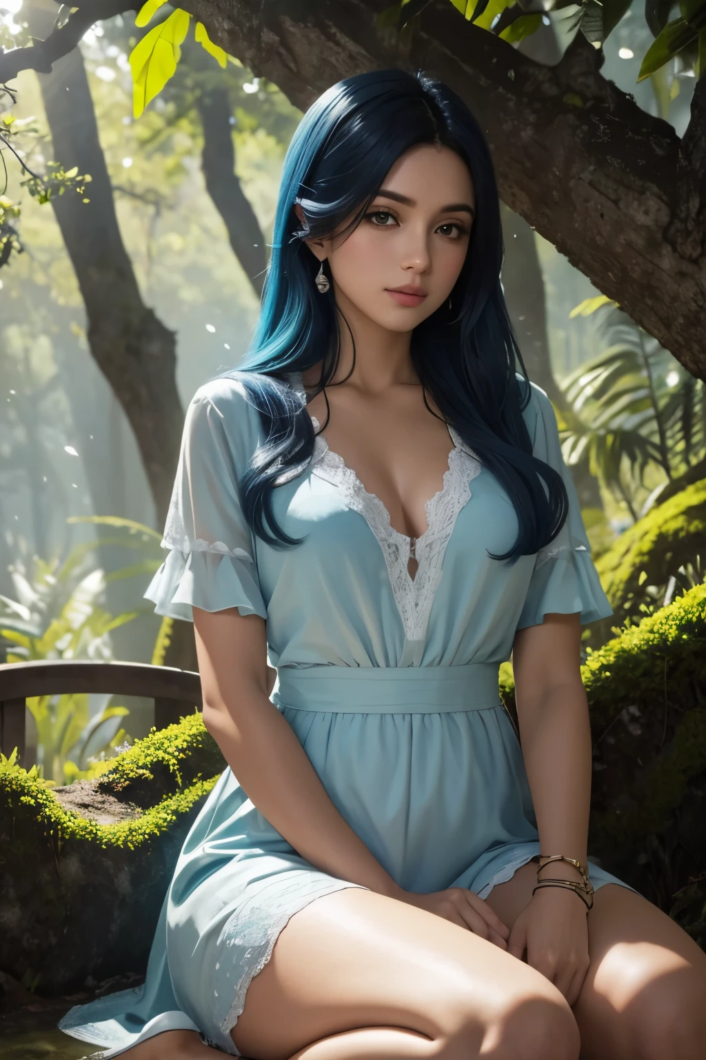 (best qualityer,4K,high resolution,work of art:1.2),ultra detali,realisitic,HDR,アニメ,Kizi,hair blue,white gown,I will deny the matter,beautiful detailed eyes,beautiful detailed lips,sitting on the floor,wildflowers around you,sunlight filtered through the trees,peaceful atmosphere,swirly vibrant colors,softshadows,dreamy style