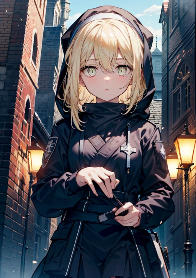 Eiswallenstein, Behind Wallenstein, blonde hair, hair between eyes, hair band, long hair, tying back hair,(yellow eyes:1.5), black ninja uniform,ninja,wearing a hood,medieval european style building,Looking down from the rooftop,break (masterpiece:1.2), highest quality, High resolution, unity 8k wallpaper, (figure:0.8), (beautiful and fine eyes:1.6), highly detailed face, perfect lighting, Very detailed CG, (perfect hands, perfect anatomy),