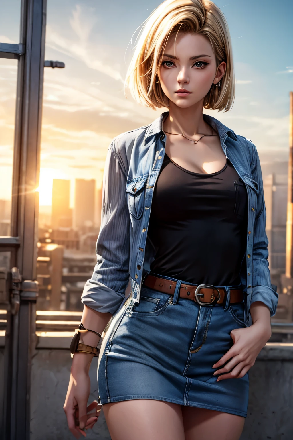 android 18, android 18, blonde hair, blue eyes, eyelash, hoop earrings, short hair, earrings, break belt, black legwear, black shirt, breast pocket, cleavage, clavicle, denim, denim skirt, high-waist skirt, jewelry, long sleeve, pocket, shirt, shirt tucked in, skirt, striped, striped sleeves, waistcoat,, break outdoors, city, null, cloud, sun, break looking at viewer, (cowboy shot:1.5), break (masterpiece:1.2), highest quality, High resolution, unity 8k wallpaper, (figure:0.8), (beautiful and fine eyes:1.6), highly detailed face, perfect lighting, Very detailed CG, (perfect hands, perfect anatomy)