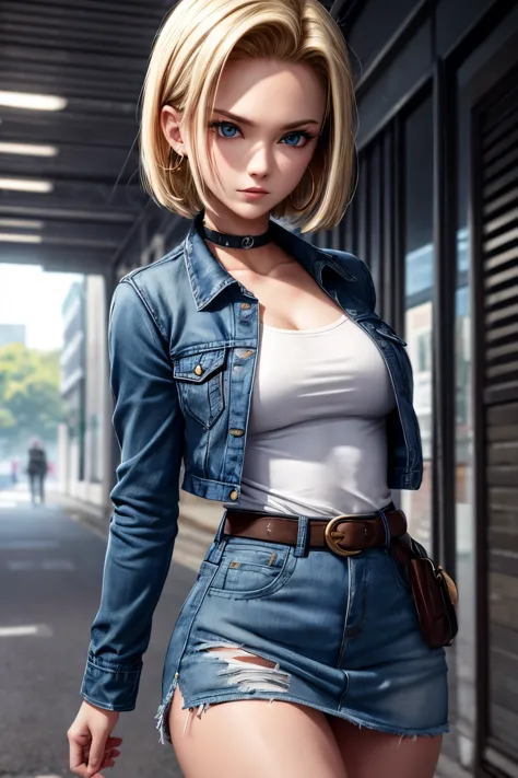 android 18, android 18, blonde hair, blue eyes, eyelash, hoop earrings, short hair, earrings, break belt, black legwear, black s...