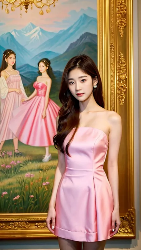 a woman in a short dress posing in front of a painting, gorgeous young korean woman, wearing an elegant dress, beautiful young k...