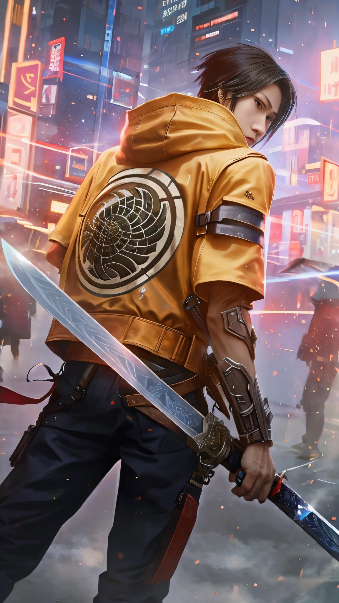 Nahaufnahme eines Jungen, der in einer Stadt ein Schwert hält, inspiriert von Li Shida, ein nervöser jugendlicher Mörder, Ross Tran und Bayard Wu, range murata and artgerm, digital cyberpunk anime art, detaillierte Schlüssel-Anime-Kunst, extrem detailliertes Artgerm, Ross-Tran-Stil, shadowrun splash art, stilisiertes Urban-Fantasy-Kunstwerk