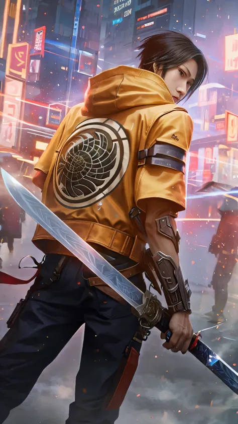a close up of a boy holding a sword in a city, inspired by Li Shida, an edgy teen assassin, ross tran and bayard wu, range murat...