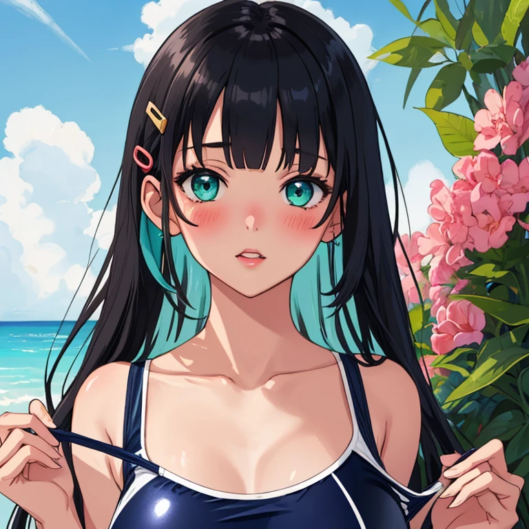 masterpiece,best quality,ultra detailed, best illustration, nsfw, 1girl, black_hair, bangs, long_hair, hair_ornament, blunt_bangs, blush, green_eyes, hairclip, aqua_eyes, KK-70, blue one-piece swimsuit,