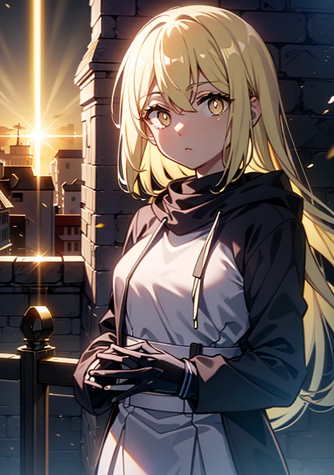 Eiswallenstein, Behind Wallenstein, blonde hair, hair between eyes, hair band, long hair, tying back hair,(yellow eyes:1.5), black ninja uniform,ninja,wearing a hood,medieval european style building,Looking down from the rooftop,break (masterpiece:1.2), highest quality, High resolution, unity 8k wallpaper, (figure:0.8), (beautiful and fine eyes:1.6), highly detailed face, perfect lighting, Very detailed CG, (perfect hands, perfect anatomy),