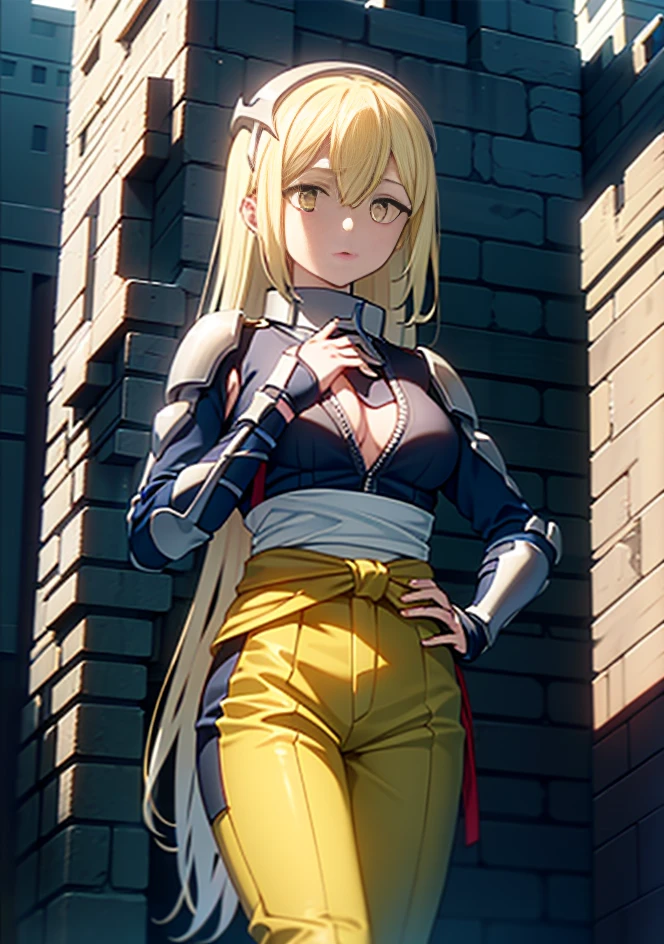 Eiswallenstein, Behind Wallenstein, blonde hair, hair between eyes, hair band, long hair, ,(yellow eyes:1.5), serious,black ninja uniform,ninja,black shinobi pants,Place your right hand on your waist,boots,medieval european style building,Looking down from the rooftop,break (masterpiece:1.2), highest quality, High resolution, unity 8k wallpaper, (figure:0.8), (beautiful and fine eyes:1.6), highly detailed face, highly detailed fingers,perfect lighting, Very detailed CG, (perfect hands, perfect anatomy),