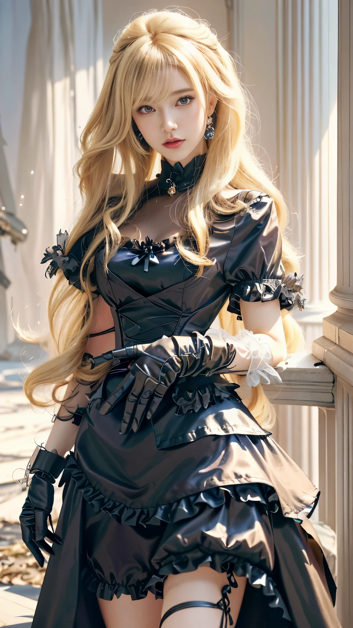 a close up of a woman in a dress and gloves, anime girl wearing a black dress, cute anime waifu in a nice dress, gothic maiden anime girl, blonde anime girl with long hair,  in dress, detailed portrait of anime girl, beautiful anime portrait, detailed anime character art, anime girl with long hair, beautiful anime woman, beautiful anime girl