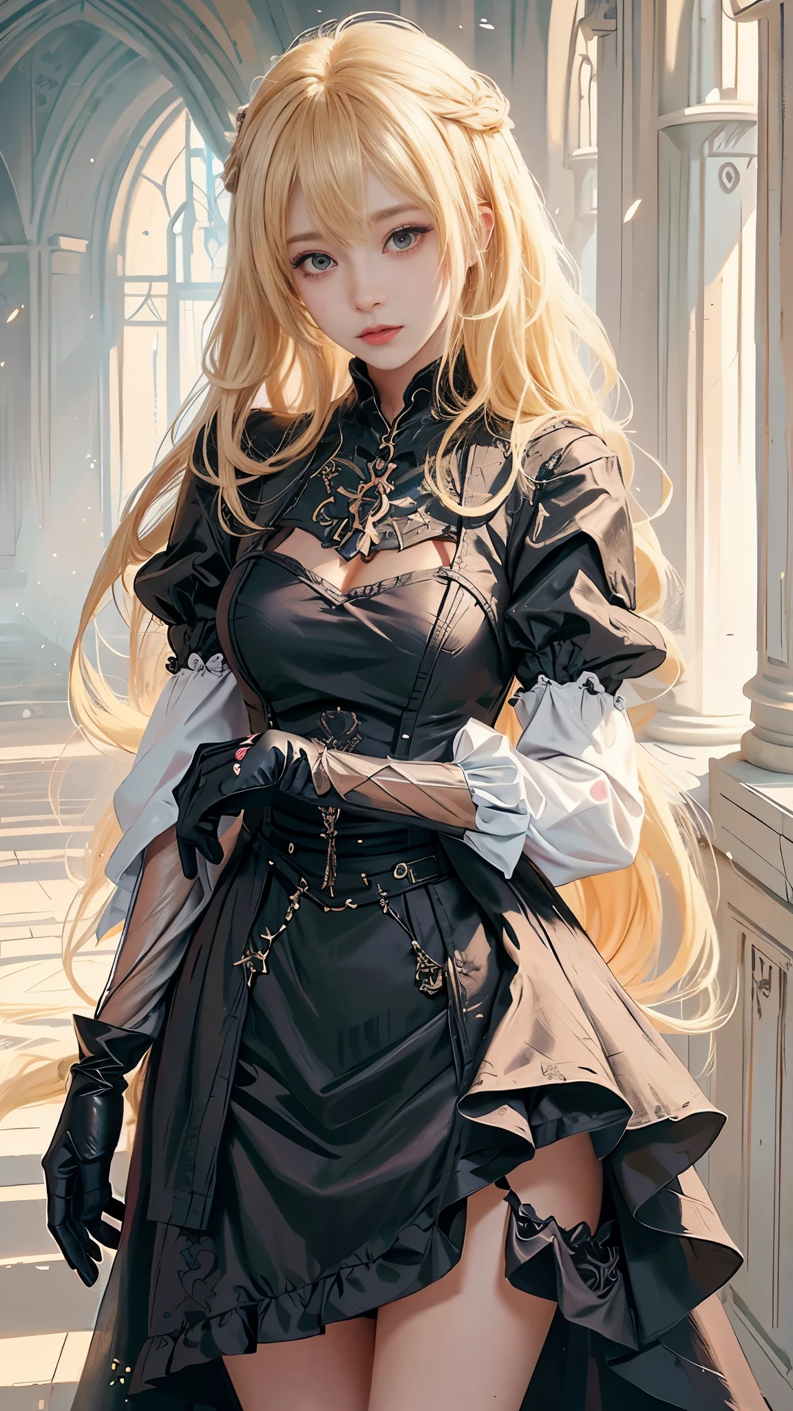 a close up of a woman in a dress and gloves, anime girl wearing a black dress, cute anime waifu in a nice dress, gothic maiden anime girl, blonde anime girl with long hair,  in dress, detailed portrait of anime girl, beautiful anime portrait, detailed anime character art, anime girl with long hair, beautiful anime woman, beautiful anime girl