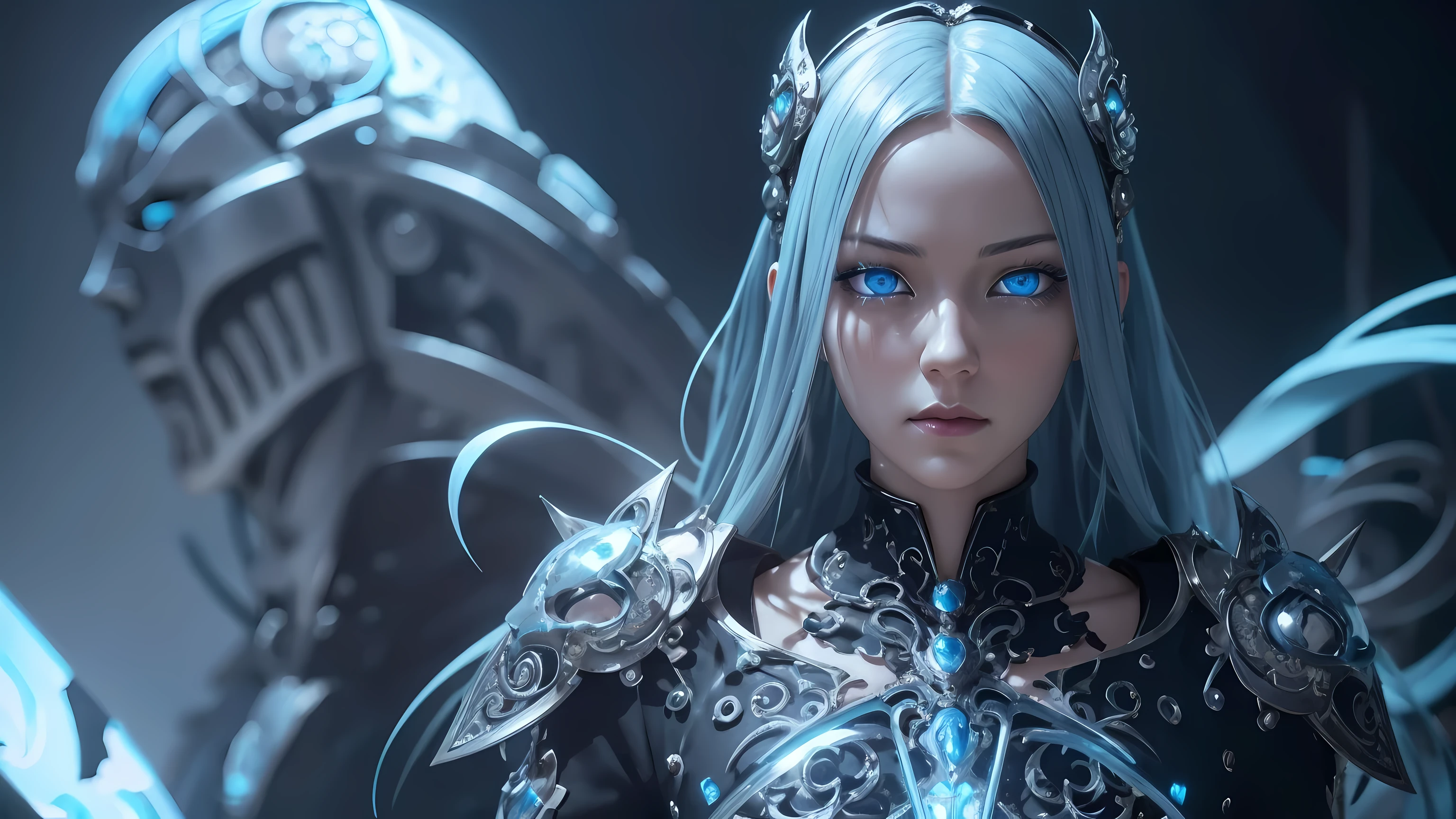 surreal photography of a stunningly beautiful cyborg female, blue eyes, intricate filigree, glowing, in the style of beth cavener, jin kagetsu, and wlop, intricate detailed, chrome face symmetry, masterpiece, award-winning, sharp focus, concept art, high key, ambient lighting, 8k, octane render