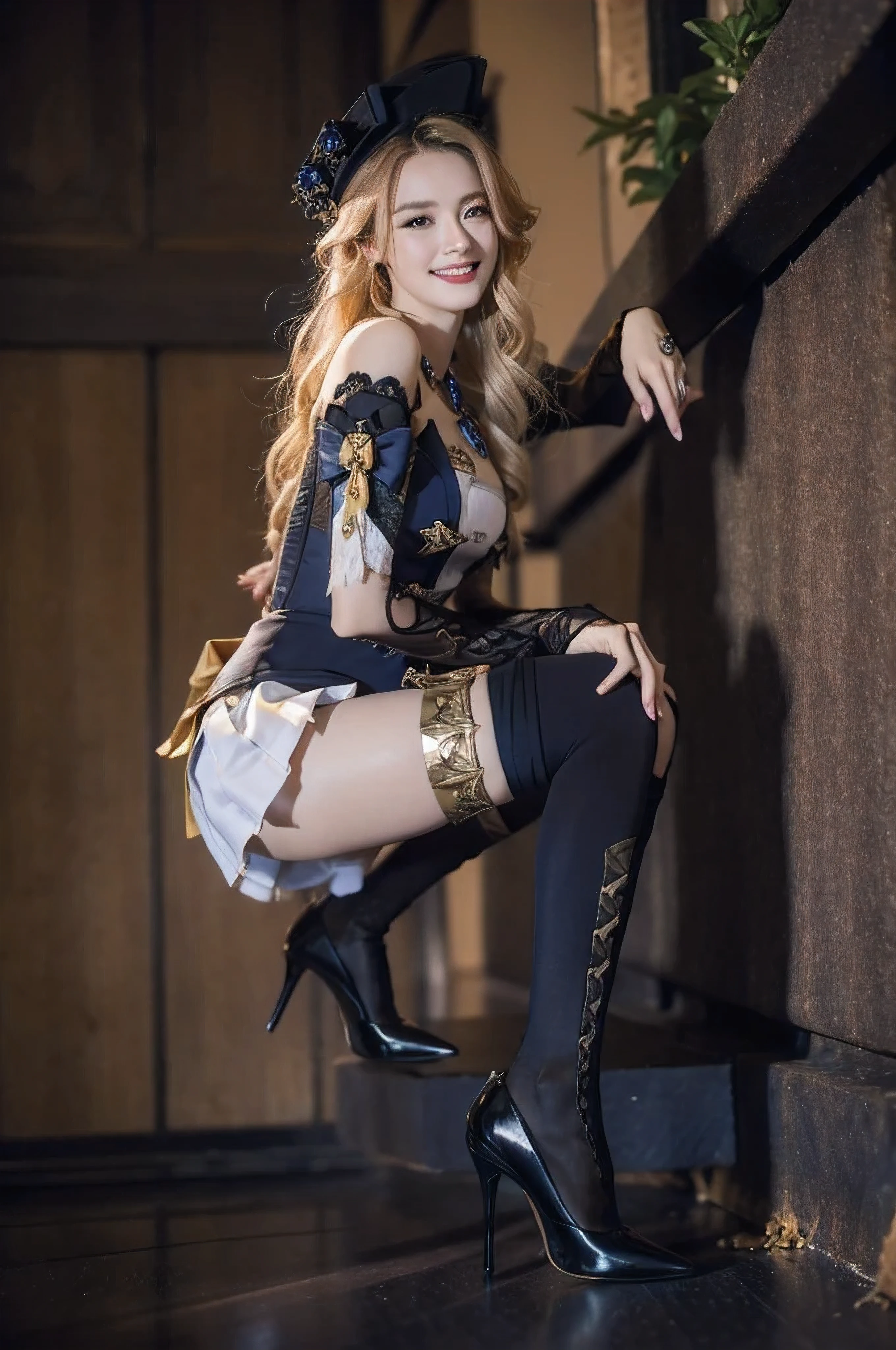 18-year-old girl, side view,  black high heels, pointed-toe heels, (black stilettos heels), (side hollow heels), (black thighhighs), beautiful legs,slim legs, (smile:1.6), 
navia /(genshin impact/), (looking at viewer), cleavage, breasts, blue diamond necklace, 
ornate dress, black bodice, black and yellow long skirt, long train, low-cut bodice, open chest, off shoulder, extremely beautiful face, detailed face, detached sleeves, white ruffles, navy bows on sleeves, open skirt at front, long blonde hair, curly hair, big hat, masterpiece, best quality,highres, 1girl, navia, black headwear, black thighhighs, wariza, bare shoulders，sufficient light, 85mm, Canon, f/2.8, UHD,RAW,retina, masterpiece, ccurate, anatomically correct, textured skin, super detail, high details, high quality, award winning, best quality, highres, 8k,a girl,