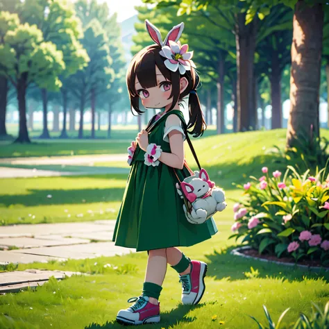 (photorealistic:1.37)、octane rendering、Morning park、Walk with a rabbit doll、Girl has twin tail hairstyle and smiles、Bright colors、soft sunlight、beautiful flower、green grass、playful atmosphere、peaceful environment、detailed texture、Bright colors、cute shoes w...