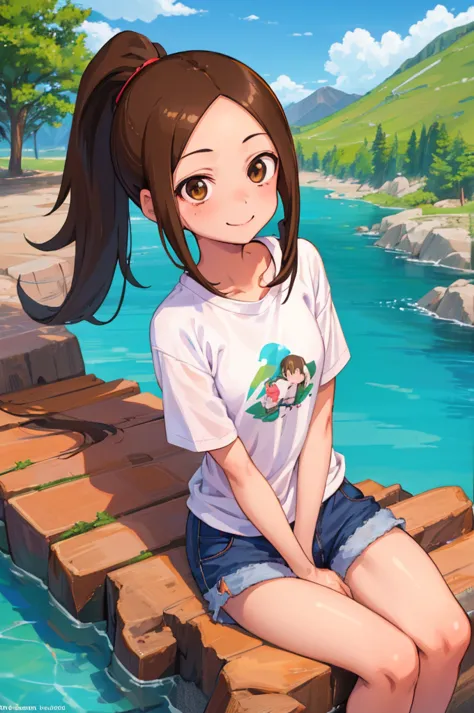 1girl, takagisan, , brown eyes, brown hair, ponytail, forehead, t-shirt, short shorts, smile, sitting, mountain, river, night  h...