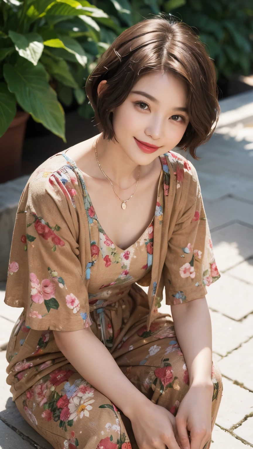 149
(20 year old woman,floral print outfit,pants), (Super realistic), (high resolution), ((beautiful hairstyle 46)), ((short hair:1.46)), (gentle smile), (brest:1.1), (lipstick)
