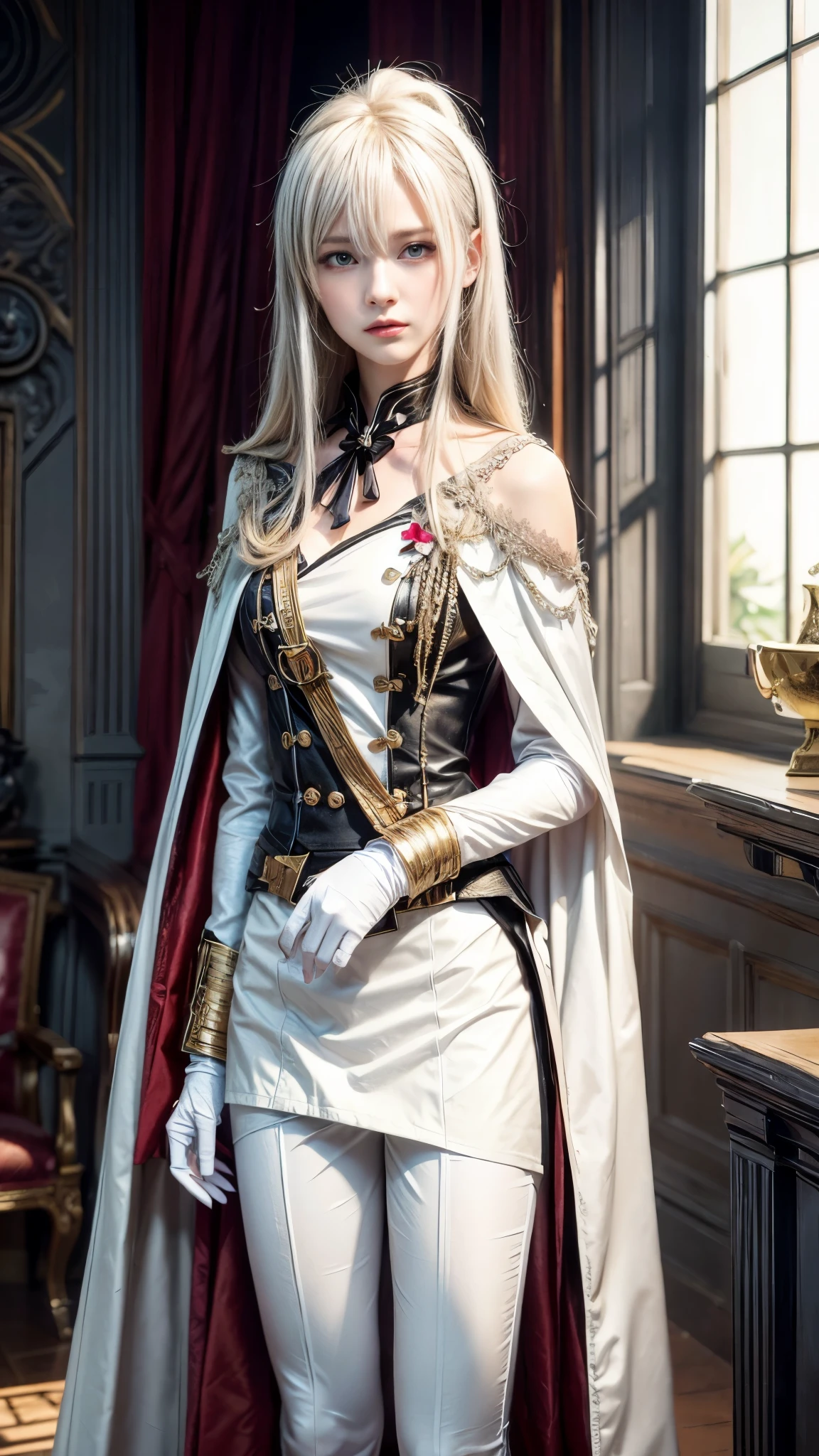 Imagen de estilo de una mujer con traje blanco y capa., delicado príncipe andrógino, hermoso príncipe andrógino, inspirado en Li Chevalier, from chicas de primera línea, finos detalles. chicas de primera línea, del videojuego azur lane, personajes de azur carril, estilo carril azul, chicas de primera línea style, chicas de primera línea cg, arte oficial del personaje, deidad de pelo blanco