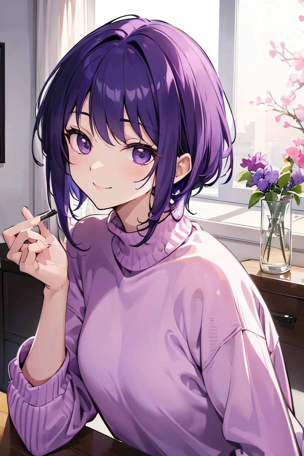 (T Masterpiece，4k wallpaper，best quality))、((girl１people))、(solo)、Brilliant，(purple hair)、(shortcut:1.3)、smile、close up of face、morning、sweater、room