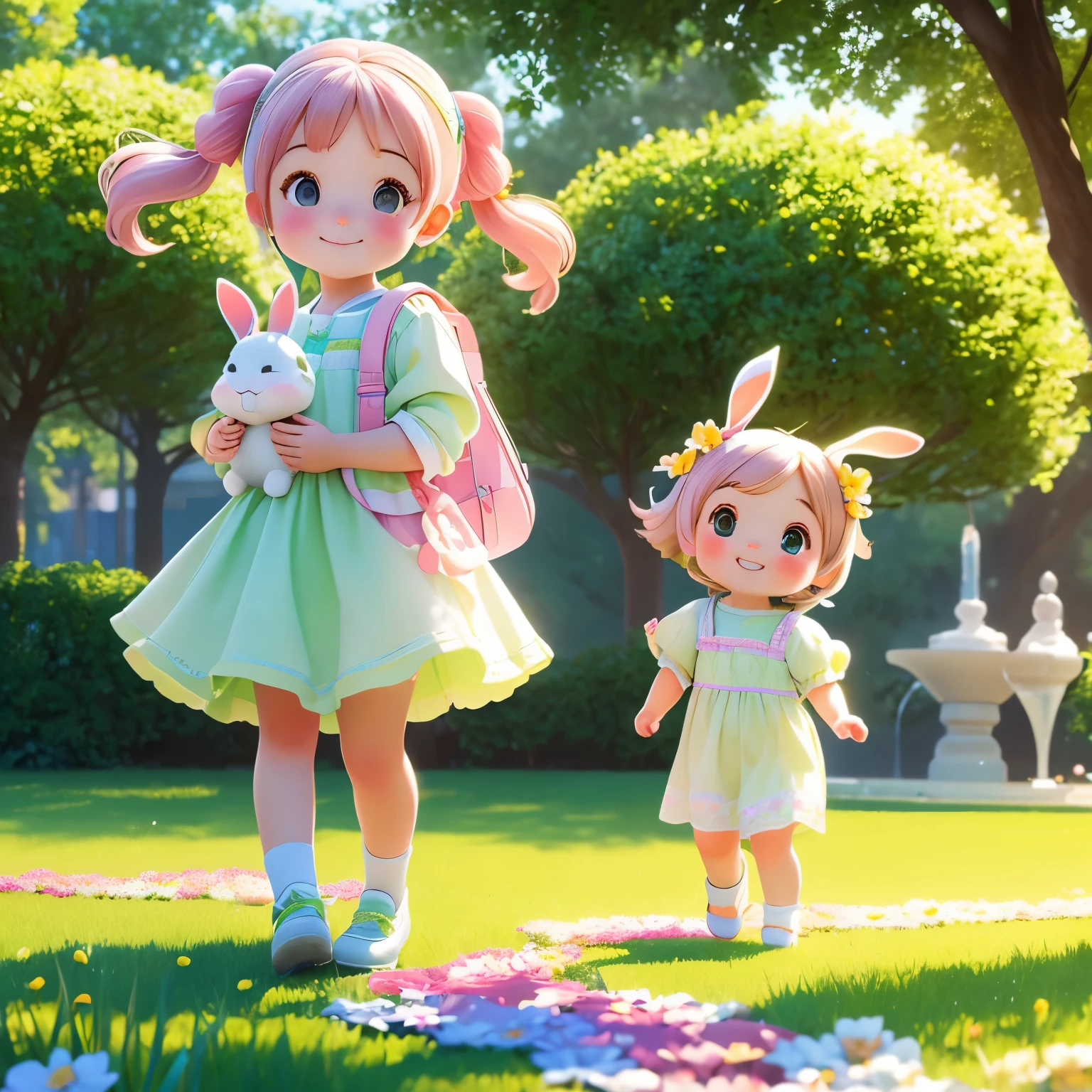 (photorealistic:1.37)、octane rendering、Morning park、Walk with a rabbit doll、Girl has twin tail hairstyle and smiles、Bright colors、soft sunlight、beautiful flower、green grass、playful atmosphere、peaceful environment、detailed texture、Bright colors、cute shoes with accessories、He looks happy