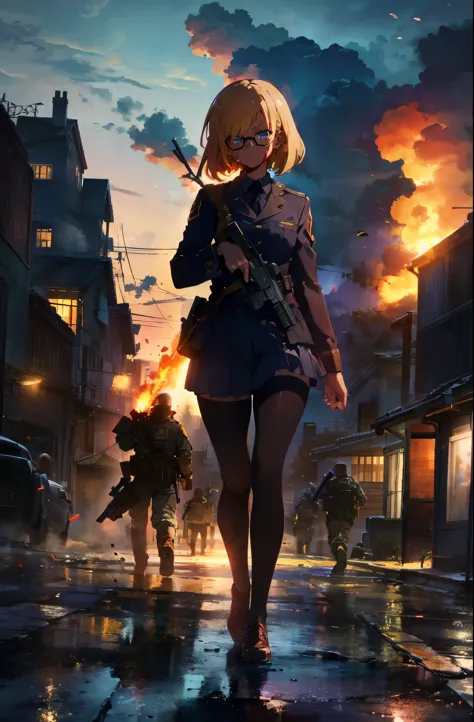 1 girl with blonde hair with blue eyes, black glasses wearing military gear in a war torn city covered in blood while very sad look while shooting at enemies bleeding with fire and smoke in the background