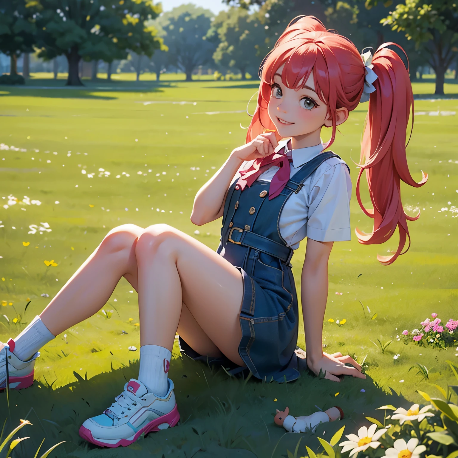 (photorealistic:1.37)、octane rendering、Morning park、Walk with a rabbit doll、Girl has twin tail hairstyle and smiles、Bright colors、soft sunlight、beautiful flower、green grass、playful atmosphere、peaceful environment、detailed texture、Bright colors、cute shoes with accessories、He looks happy