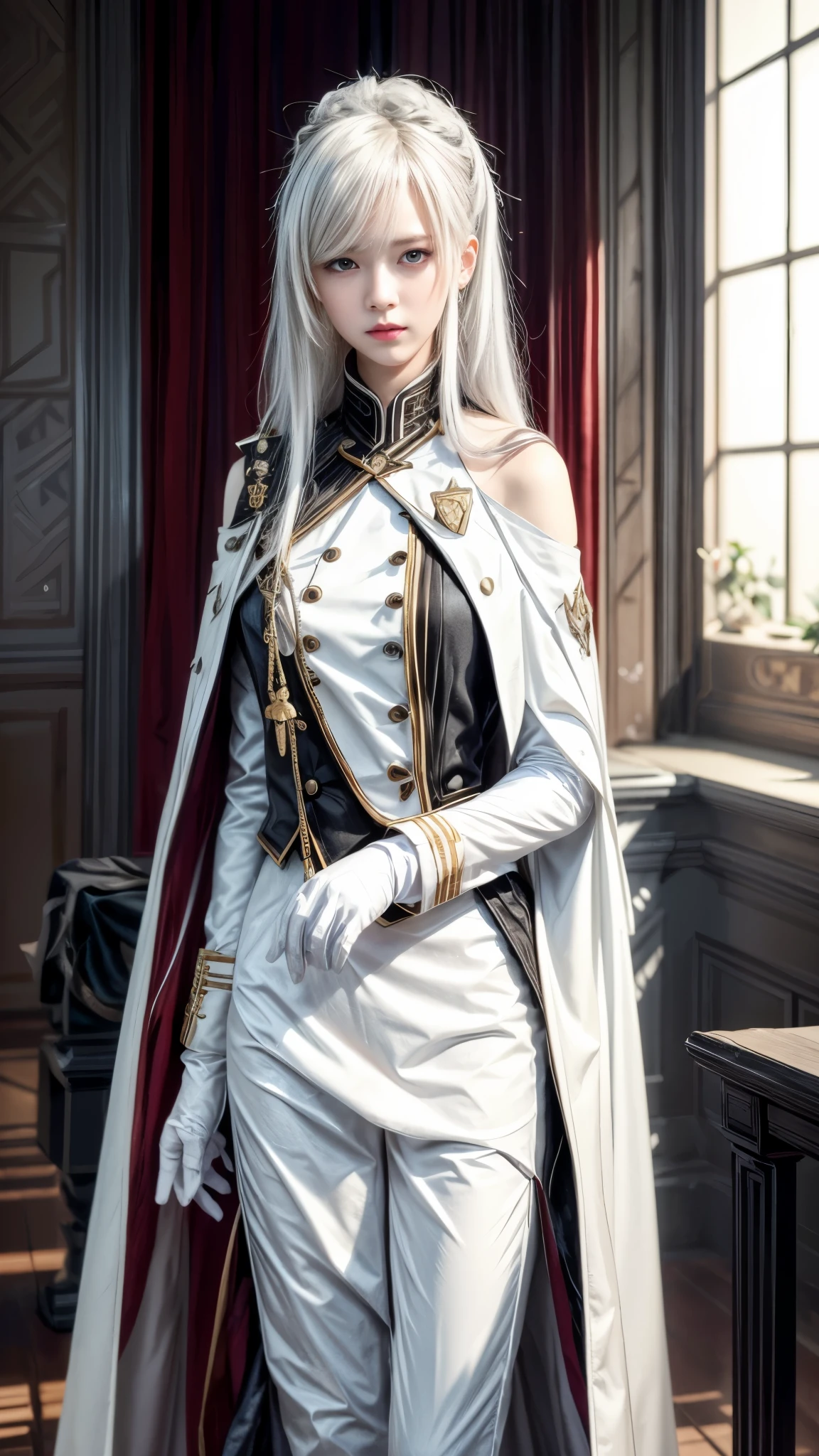 Stilbild einer Frau in einem weißen Anzug und Umhang, zarter androgyner Prinz, Schöner androgyner Prinz, inspiriert von Li Chevalier, from Mädchen Frontline, feine Details. Mädchen Frontline, aus dem Azur Lane-Videospiel, Charaktere aus Azur Lane, azur lane style, Mädchen Frontline style, offizielle Charakterkunst, Mädchen Frontline cg, weißhaarige Gottheit