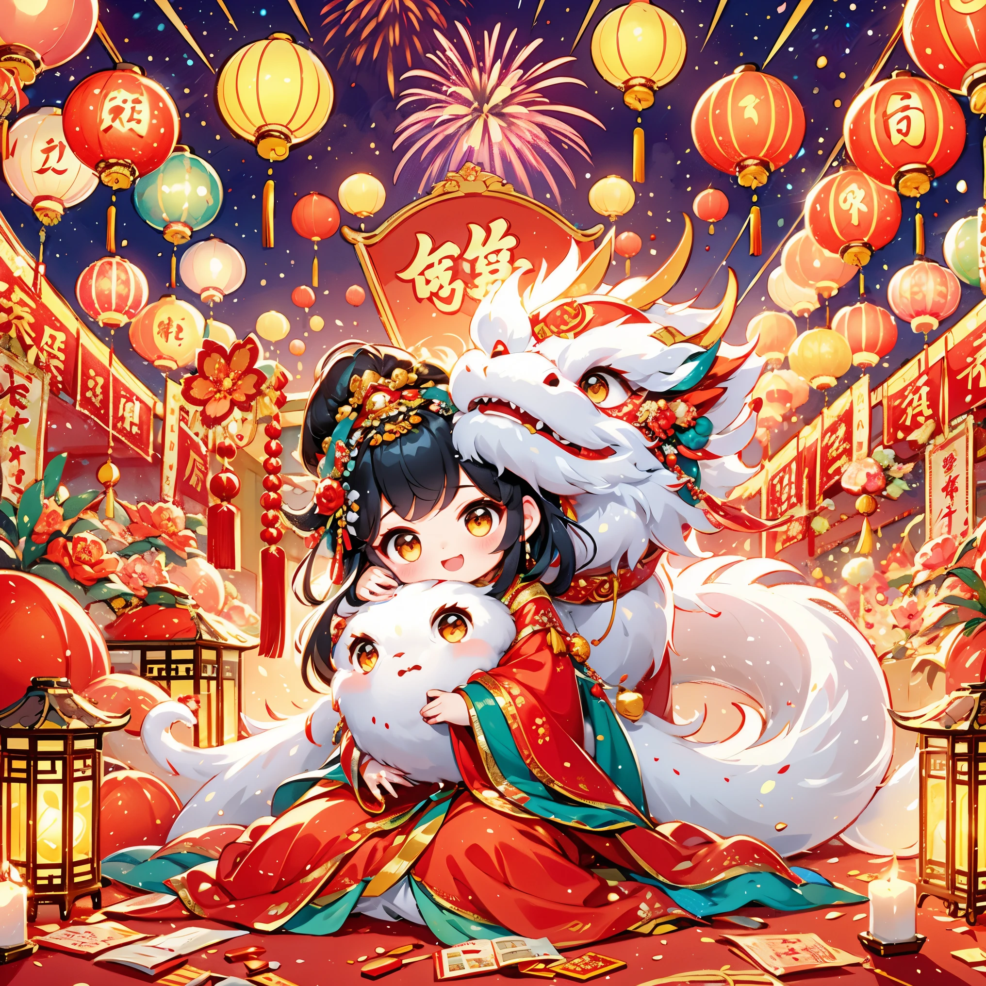 1 girl hugging cute little chinese dragon, chinese little princess, chinese dragon, cute, festival, chinese new year, firecrackers, fireworks, lanterns