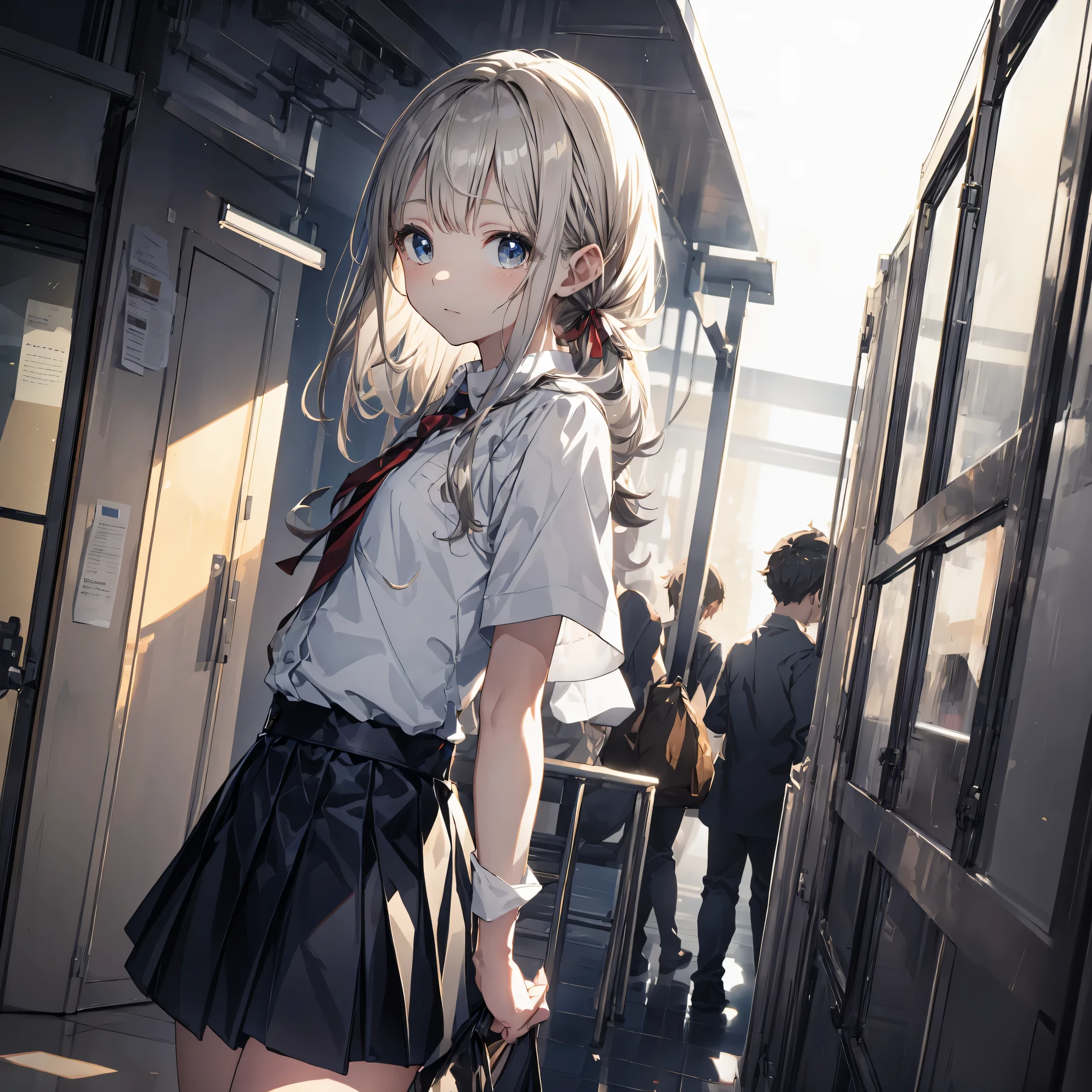 Super high quality by the art god, super detailed, High resolution,Fujiyama style, anime moe art style, best anime 8K konachan wallpaper, pixiv contest winner, perfect anatomy, break,(Please draw a girl with round glasses walking sleepily to school alone. ),break, surreal high school girl, (alone,lolita, , 13 years old:1.3),All limbs, full finger,, androgynous charm, blown hair, (short bob), ponytail, flat chest, small ass, between legs, round glasses, Small black eyes,beautiful and fine eyes, Well-proportioned iris and pupils, High resolutionの詳細な髪, wearing school uniform, (skirt), On the way to school. break,super dense skin, Best lighting by famous artists, 8K, figure,