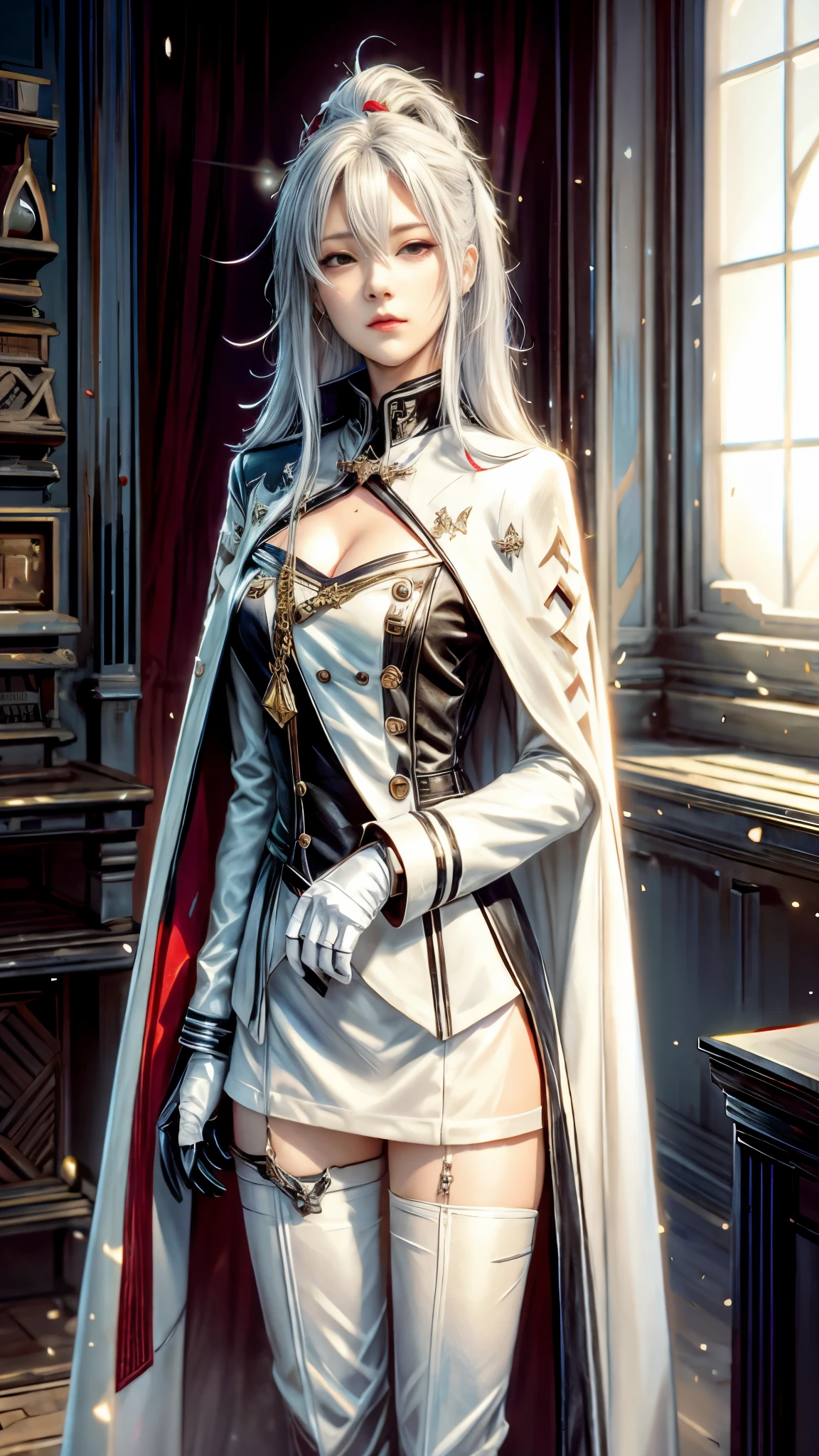 style image of a woman in a white suit and cape, delicate androgynous prince, beautiful androgynous prince, inspired by Li Chevalier, from girls frontline, fine details. girls frontline, from the azur lane videogame, characters from azur lane, azur lane style, girls frontline style, girls frontline cg, official character art, white haired deity