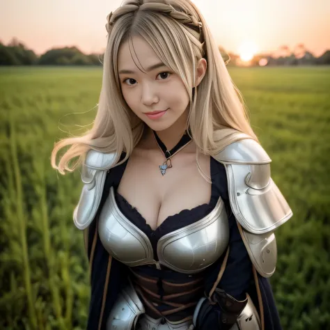 Ayaka, the Solemn Knight with a Ponytail, wearing Glasses and White Hair, is standing in the middle of a Field Background, addin...
