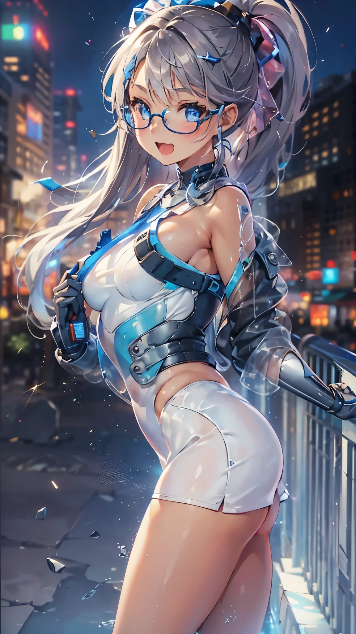 woman,14 years old,,city,night,(((white and blue tight miniskirt bodysuit))),,open mouth smile((See-through))glasses,((beautiful long ponytail)),((Baby girl body shape))