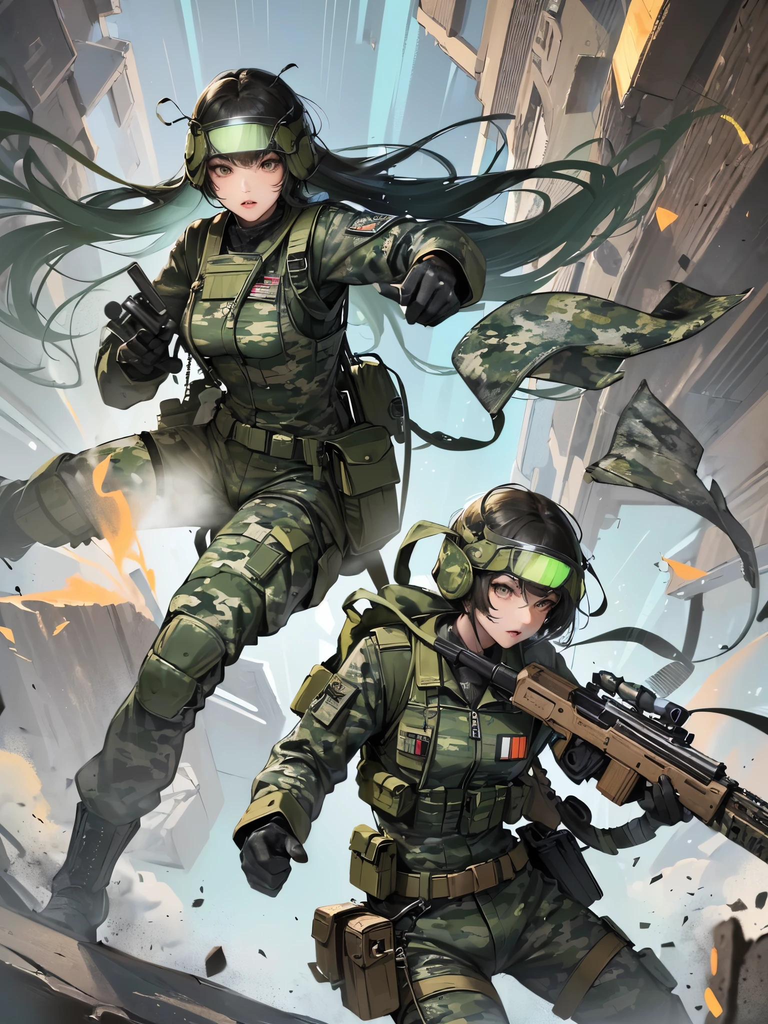 ((highest quality)),(ultra high resolution),(Super detailed),(detailed description),((best CG)),(best work of art),super precision art,great drawing art,(Art with precise details:1.5), (one female commando:1.5),beautiful and well-shaped face:1.5,(camouflage combat suit:1.6),(protector:1.5),In combat:1.6,dynamic pose:1.6,