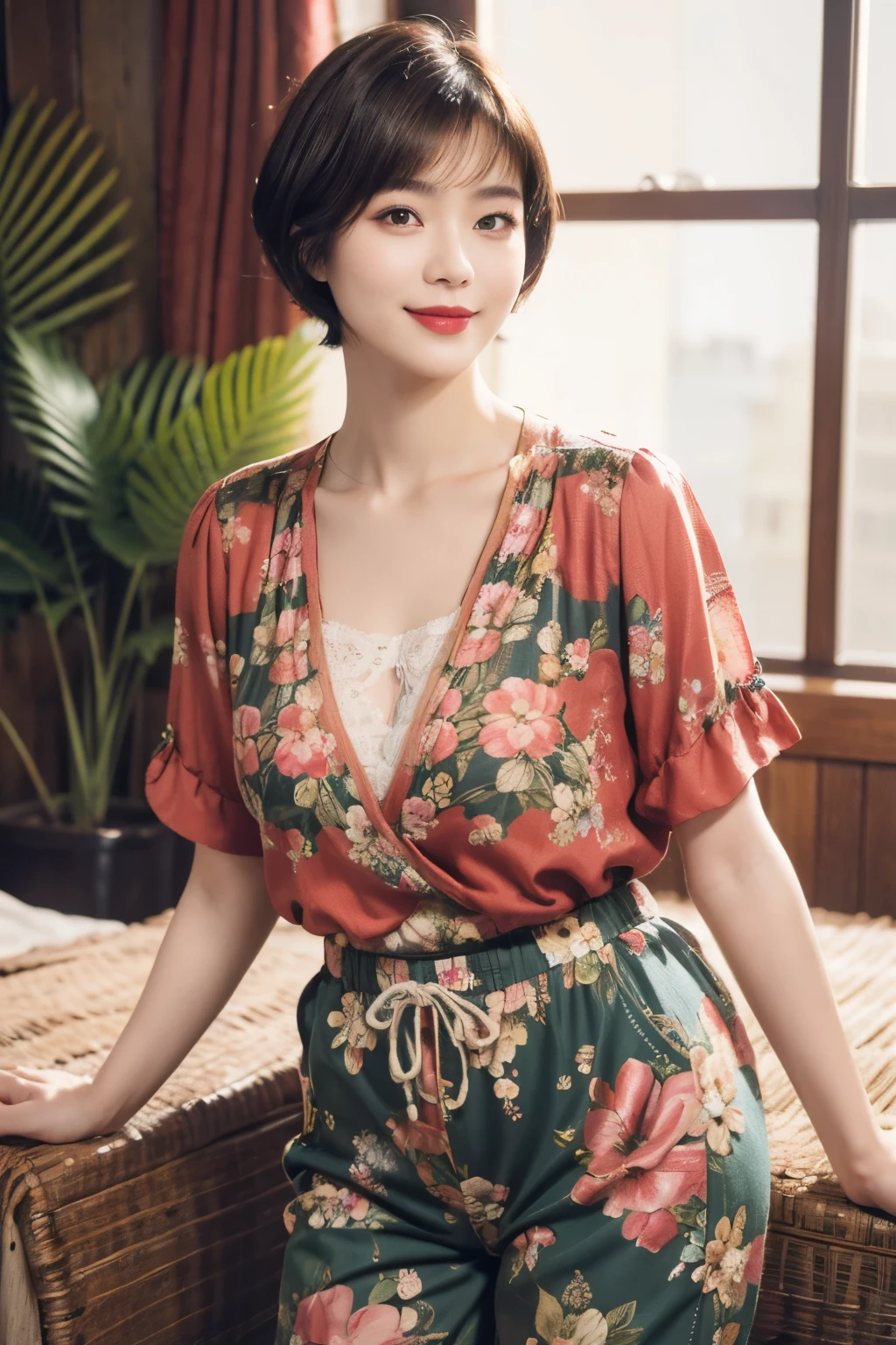 149
(20 year old woman,floral print outfit,pants), (Super realistic), (high resolution), ((beautiful hairstyle 46)), ((short hair:1.46)), (gentle smile), (brest:1.1), (lipstick)
