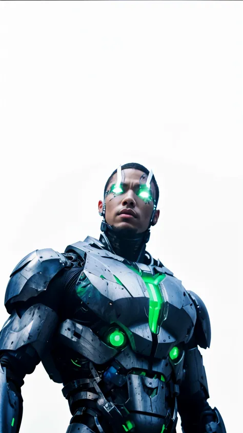 there is a man in a suit with green lights on, movie still of a cool cyborg, portrait of cyborg, a teen black cyborg, movie still of a cyborg, movie still of a villain cyborg, jayson tatum as guerilla heroica, unreal 5. rpg portrait, symmetry!! portrait of...