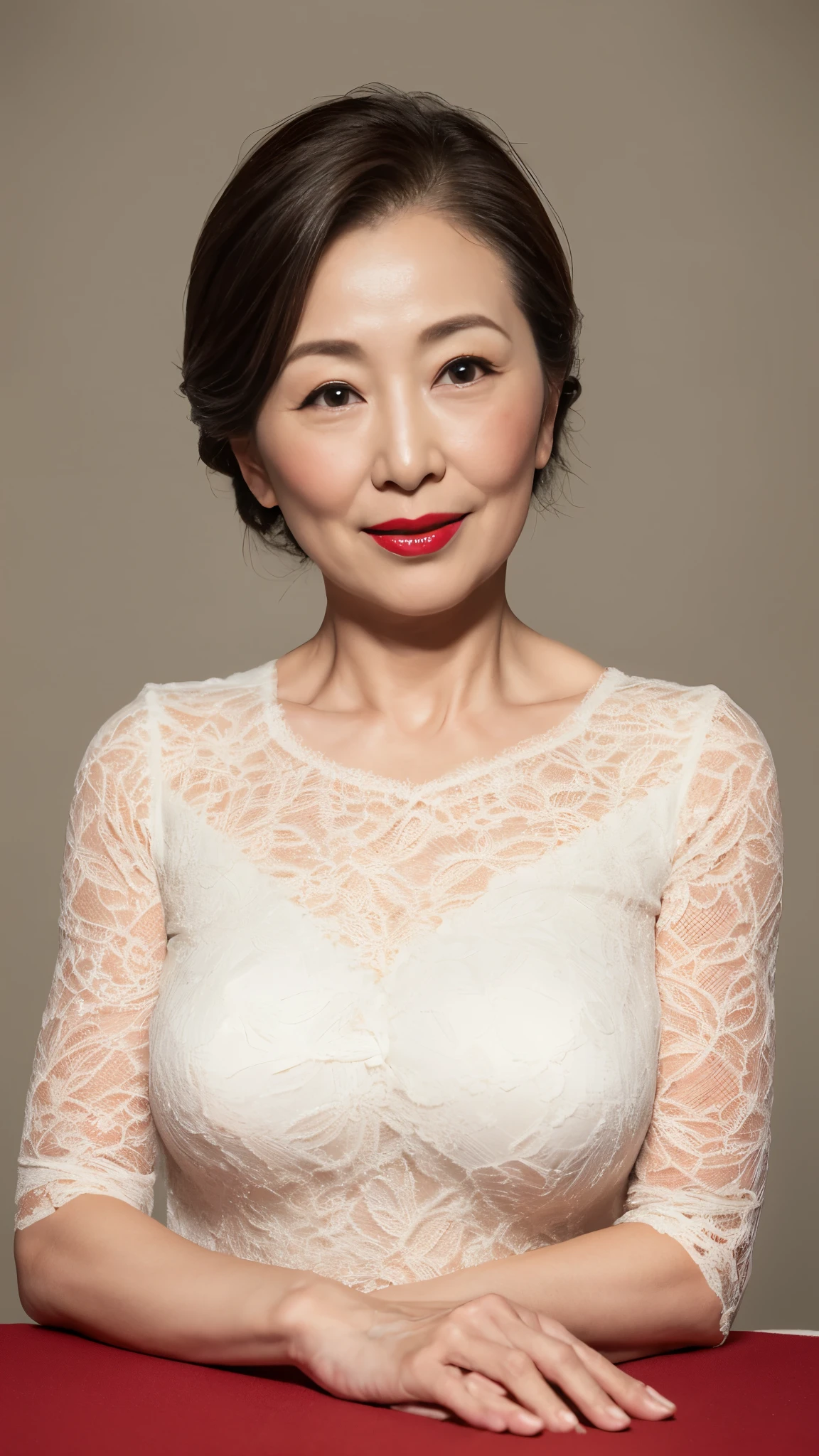 Remove the background, gravure, describe the lips correctly, red lipstick, from the chest up, table top, highest quality, super detailed, realistic, super dense skin, perfect anatomy, (1 Japanese mature woman), (alone), 90 years old, big breasts, Mature Woman Politician, Glamour, Sexy, pure white skin, looking at the viewer