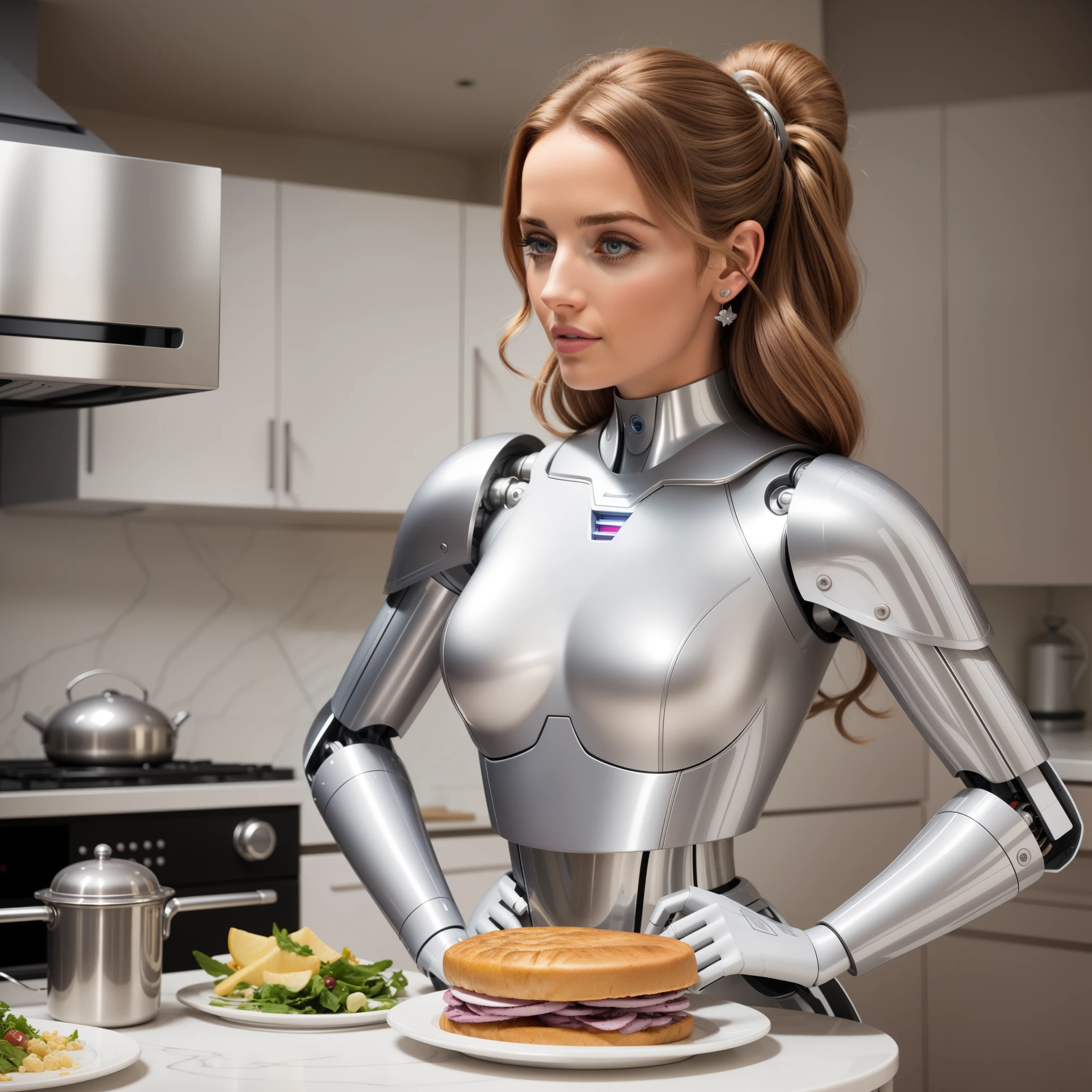  Clásico animado 2d ana de armas como la princesa de disney zelda esposa de Stepford de los años 50 en una casa adinerada de los años 2010 como un androide musculoso y plateado. Preparar la cena en una cocina abierta con miembros robóticos. 12 paquetes de abdominales. gran moño de pelo burdeos. Vistiendo un traje pequeño elegante y muy ajustado.. figura muy musculosa. Tiene pequeñas antenas de radio plateadas en lugar de orejas..