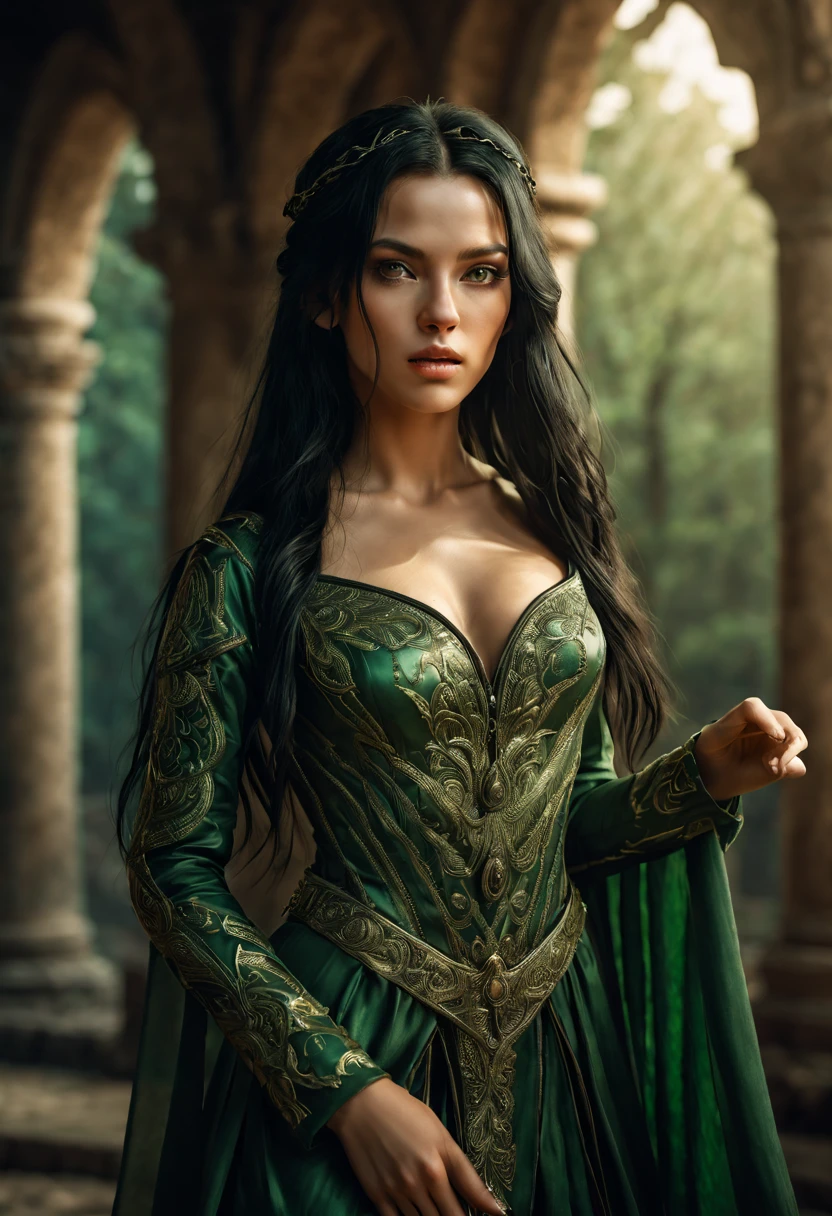 valkyrie, Fine, (Best Illustration), 8k Resolution, Intricate Details, Best Quality, Realistic, Ultra Detailed, Best Lighting, Best Shadows, Ultra HD, ((((Handsome Young woMan))), ((teenage :1.5)), (glowing eyes), ((((long black hair: 1.1))), ((dark green clothes)), (prince (indifferent expression),((Wearing high detail dress, fair skin)), erotic palace theme, amazing RAW color photo,