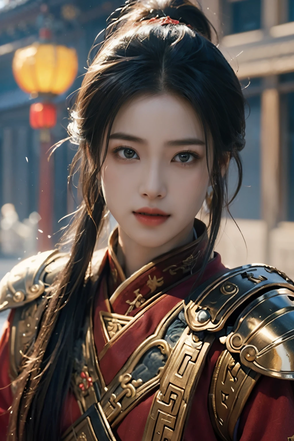 Game art，The best picture quality，Highest resolution，8K，(A bust photograph)，(Portrait from bust:1.5)，(Head close-up)，(Rule of thirds)，Unreal Engine 5 rendering works， (The Girl of the Future)，(Female Warrior)， 
20-year-old girl，(The warrior in ancient China)，(Short ponytail hairstyle)，An eye rich in detail，(Big breasts)，Elegant and noble，indifferent，(Smile)，
(The costume of Chinese swordsman elements，Costumes of ancient Chinese characters，Armor，The costume is red and gold，Heavy armour，Joint Armor)，(Chinese Hanfu:1.3)，figure，Fantasy style，
Photo poses，Field background，Movie lights，Ray tracing，Game CG，((3D Unreal Engine))，oc rendering reflection pattern
