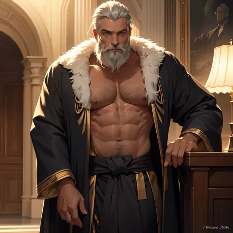 Anime old king, um rei lascivo, alpha male, bodybuilder, very muscular, 60 years old, lorde imponente, wearing a open black royal robe, open robe, very large pectorals, muscular chest, olhando para o espectador, pose sexy, facial expression of attraction, ...